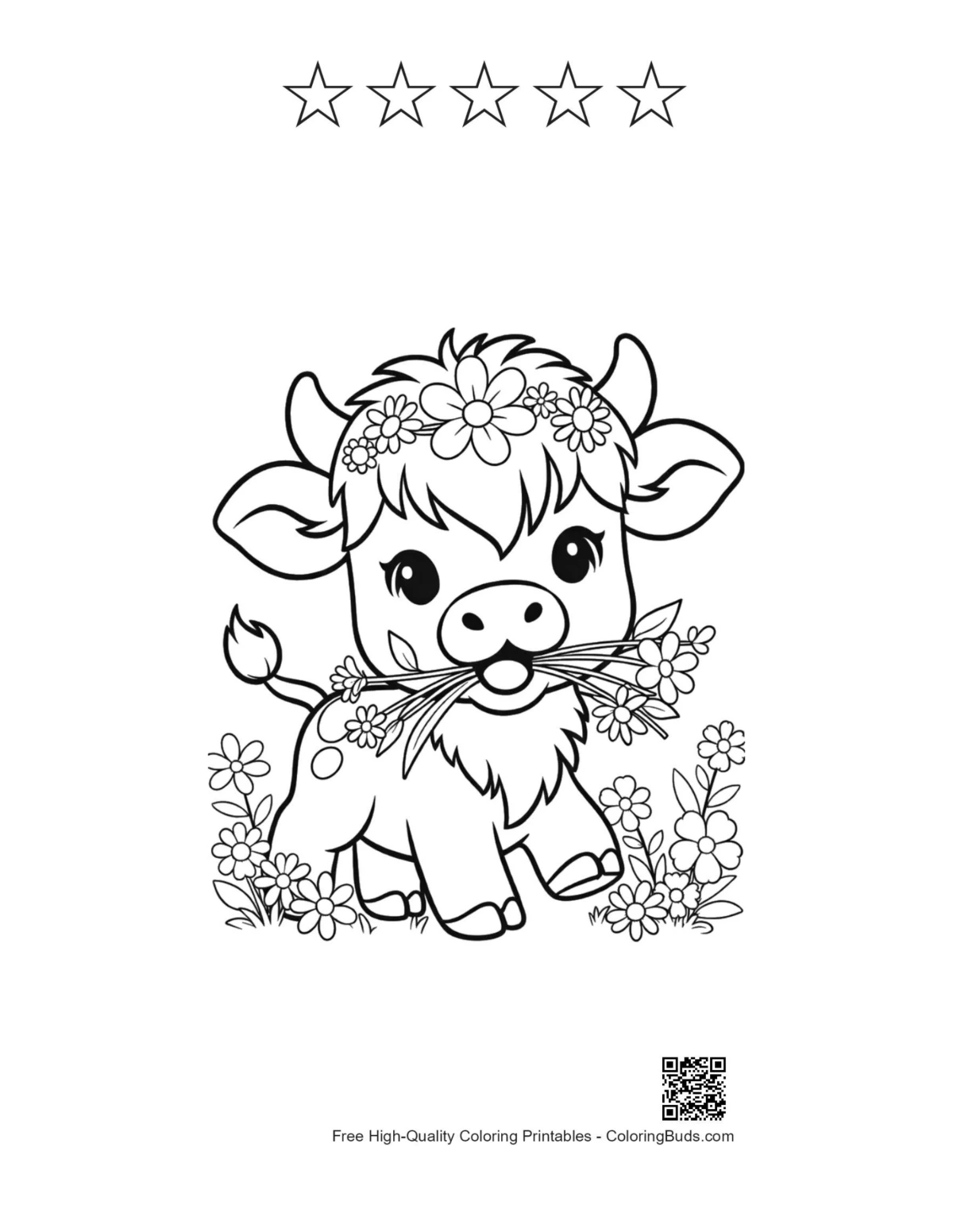 Highland cow printable with 5 star outlines for kids