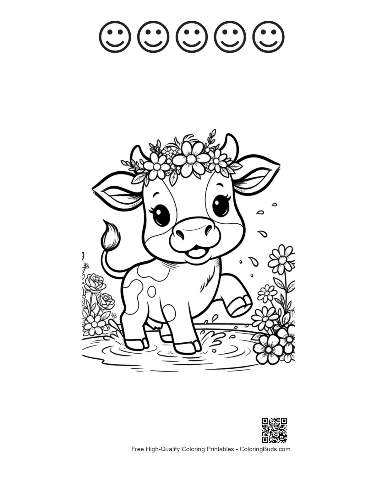 Holstein cow with 5 happy faces outline printable