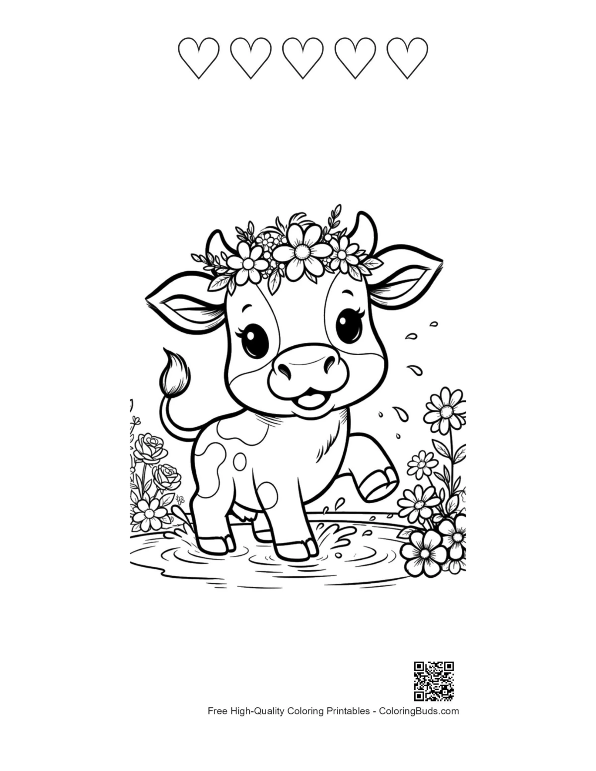 Holstein cow with 5 hearts outline free printable