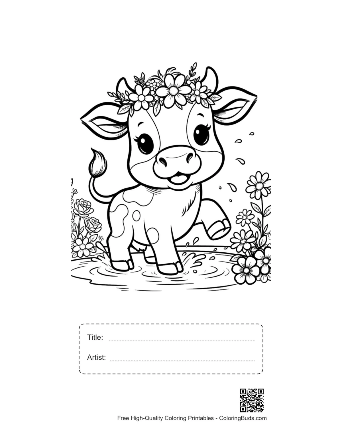 Holstein cow printable with title artist box outline