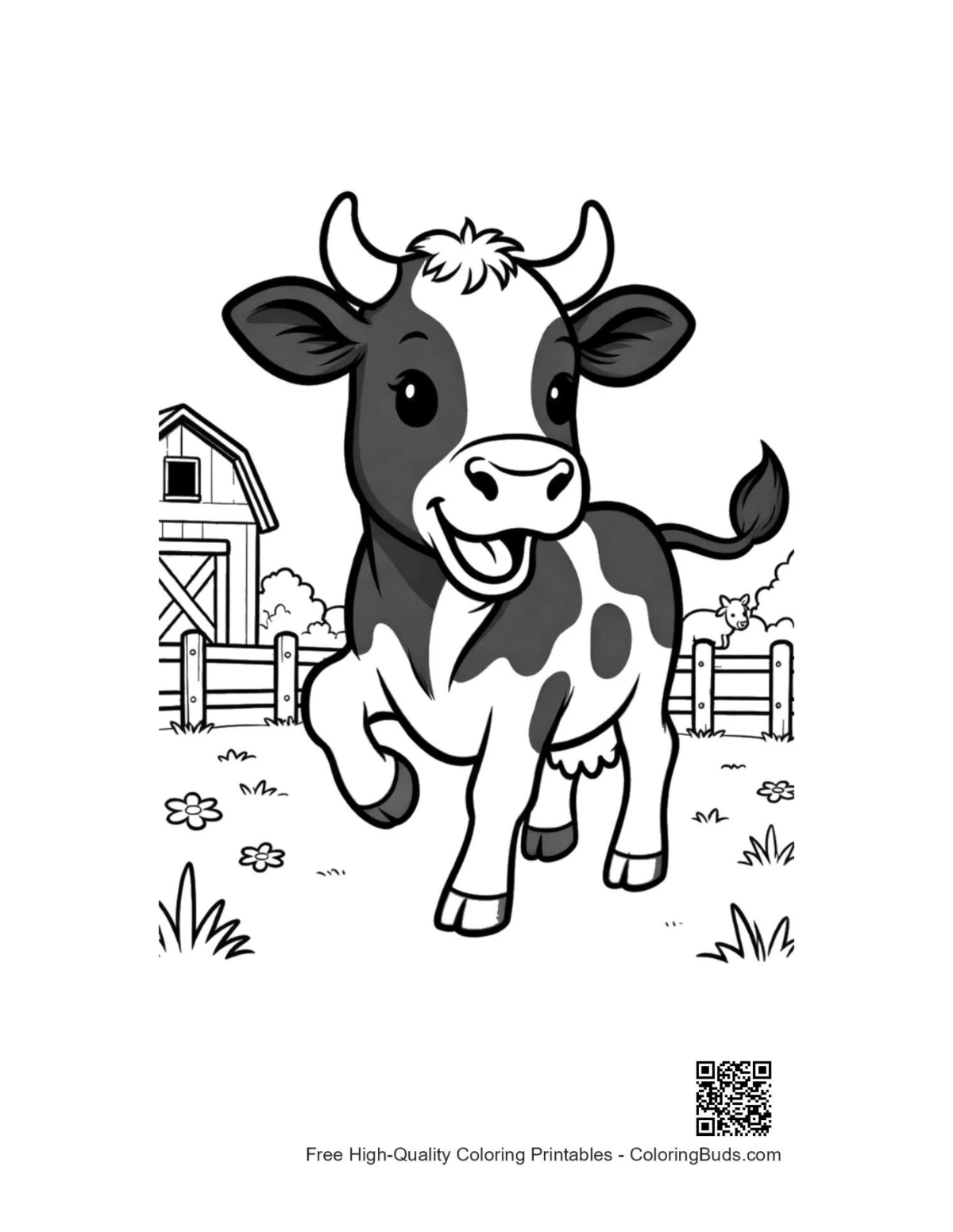 Happy baby Holstein cow grassy meadow coloring page
