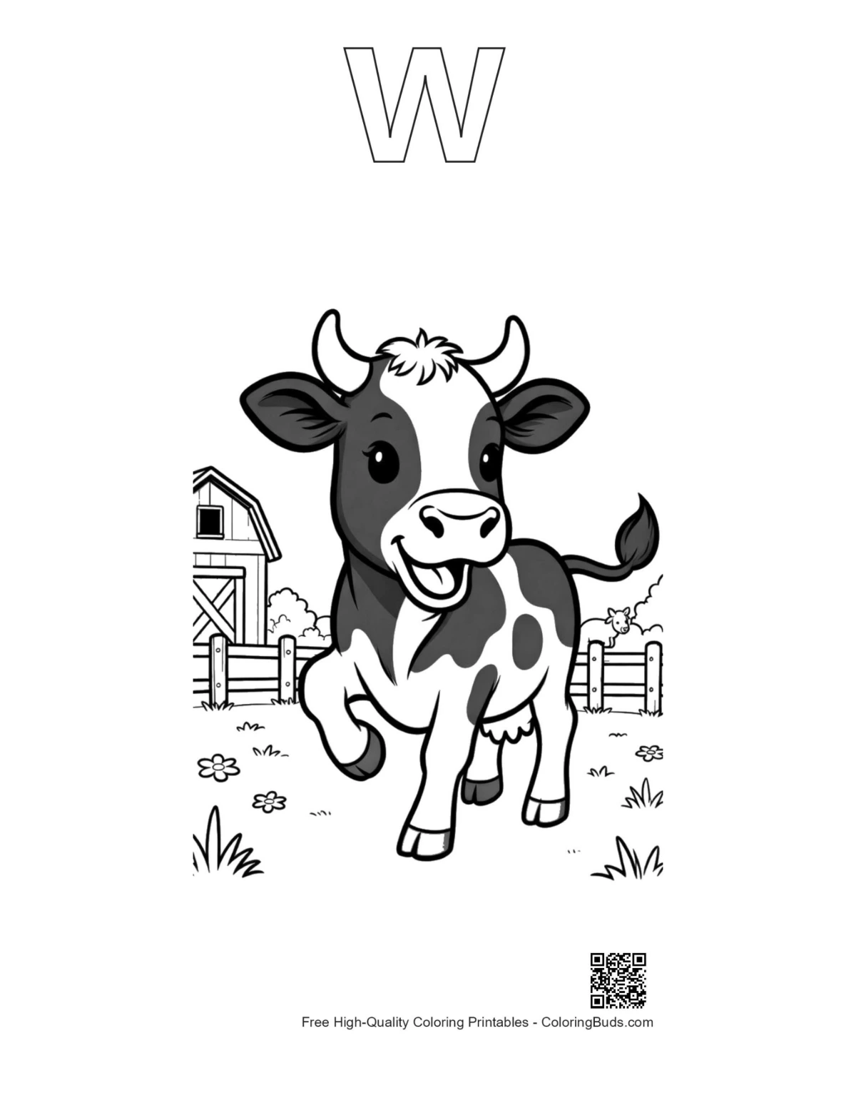 Baby Holstein cow meadow printable alphabet W outline