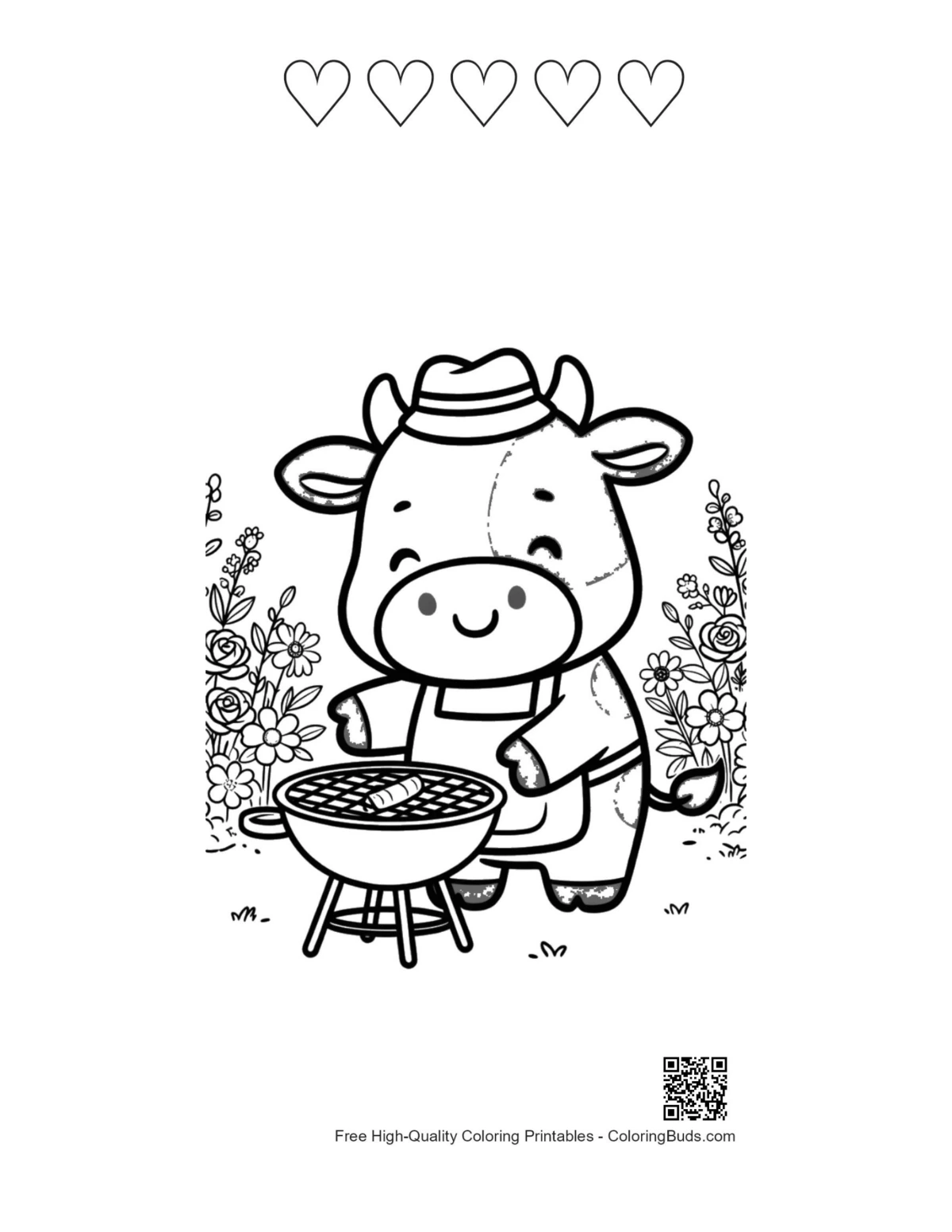 Holstein cow BBQ printable with 5 heart outlines