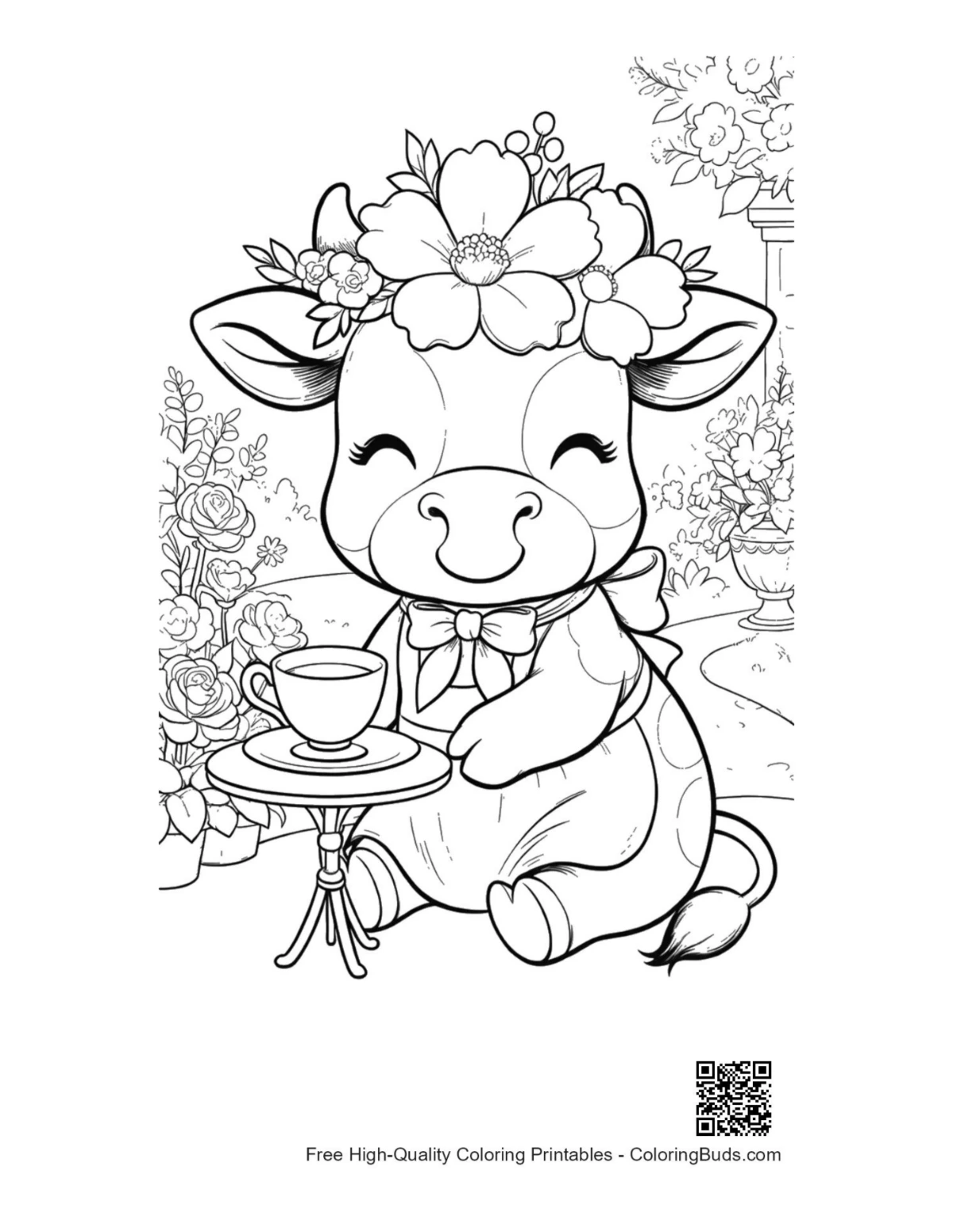 Happy Holstein cow tea party coloring printable