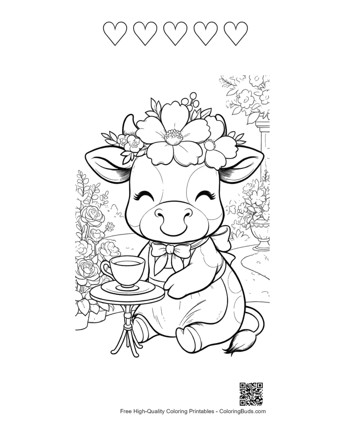Happy Holstein cow tea with 5 heart outlines