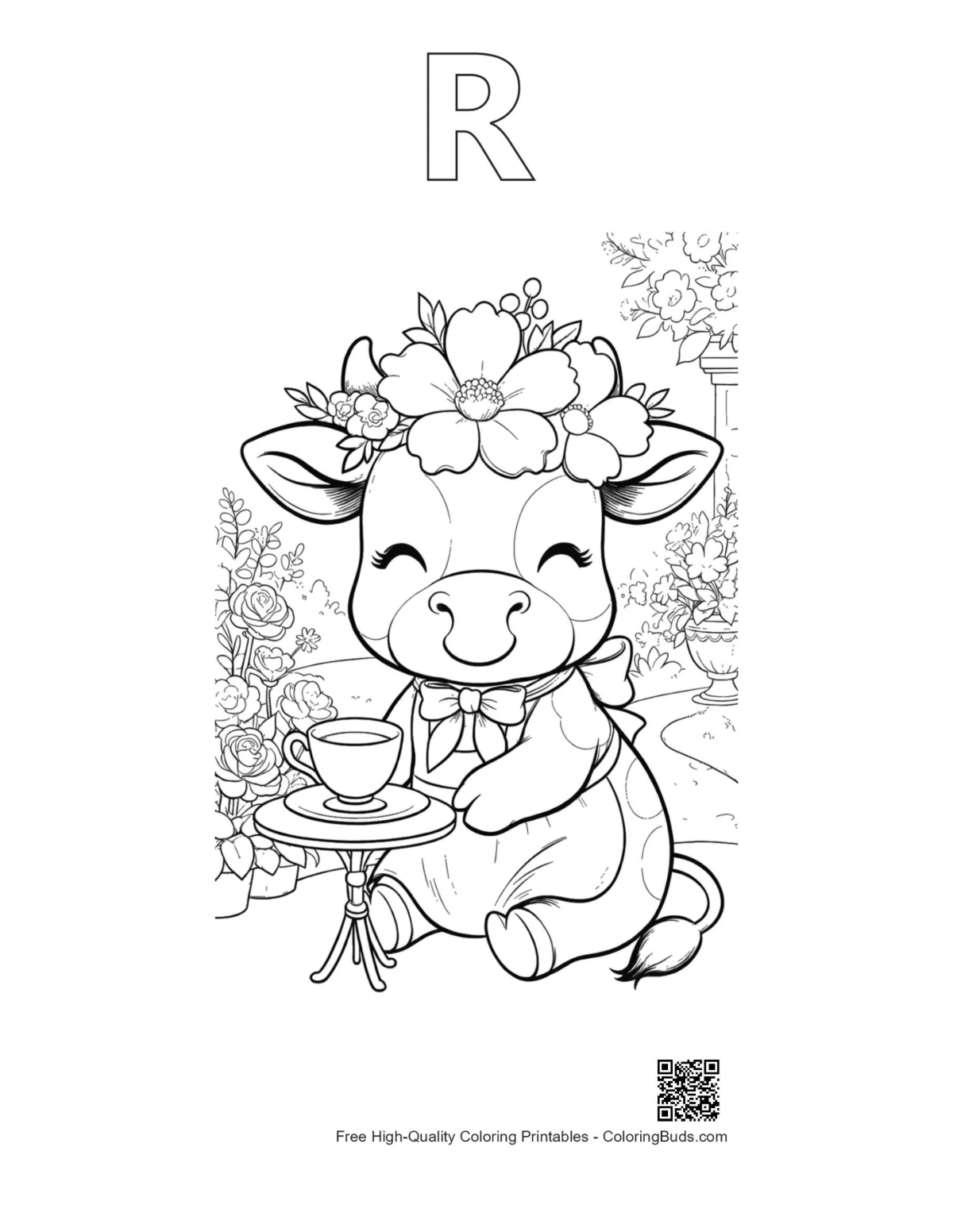 Happy cow tea printable outline alphabet R