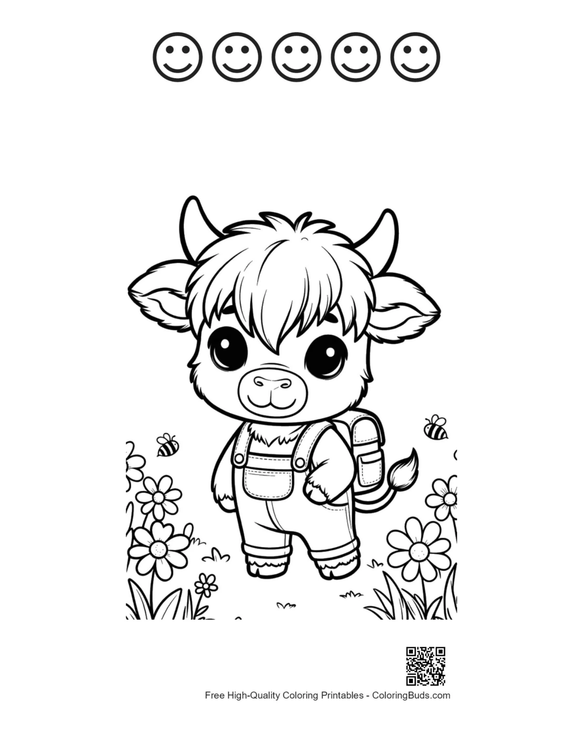 Highland calf explorer with happy faces outlines printable