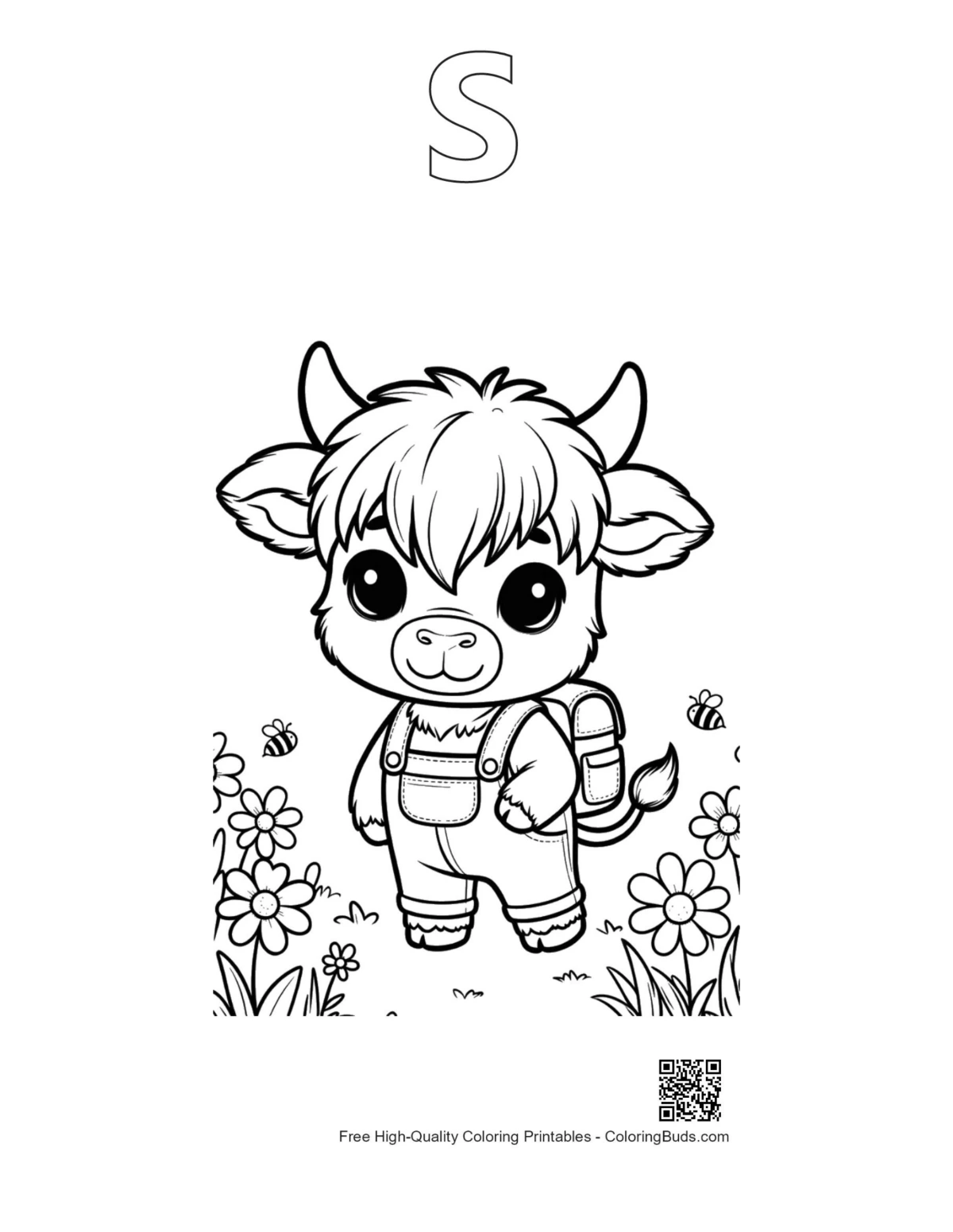 Highland calf explorer outline with alphabet S printable