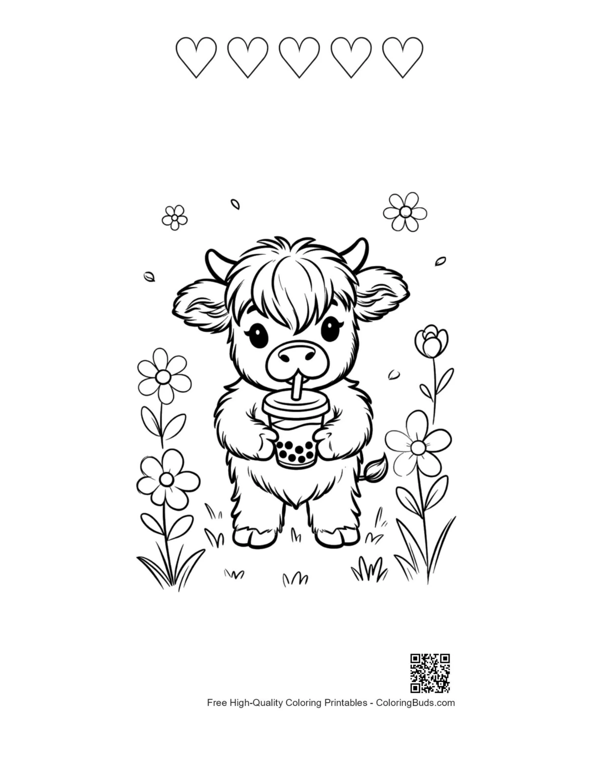 Highland cow calf boba hearts coloring page