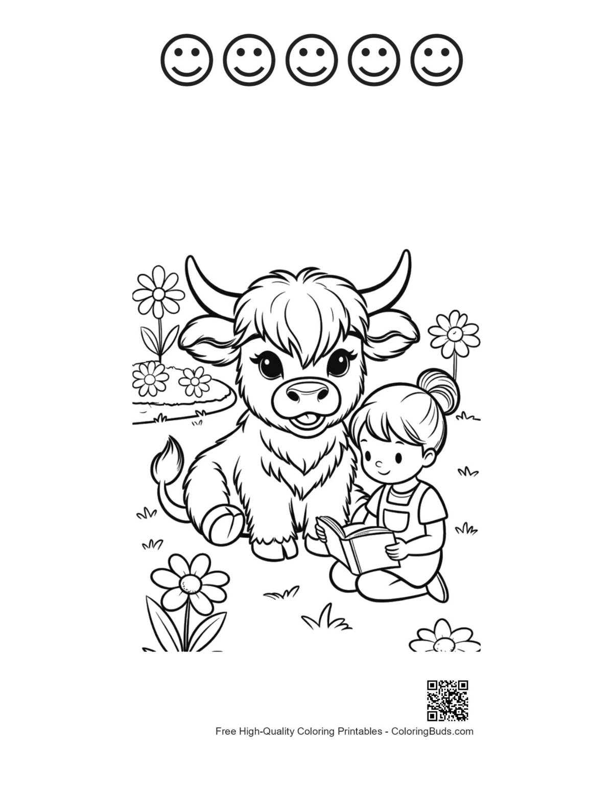 Highland cow calf with girl 5 happy faces outline