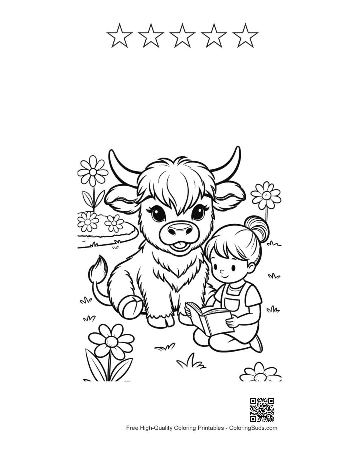 Highland calf girl with 5 star outline printable