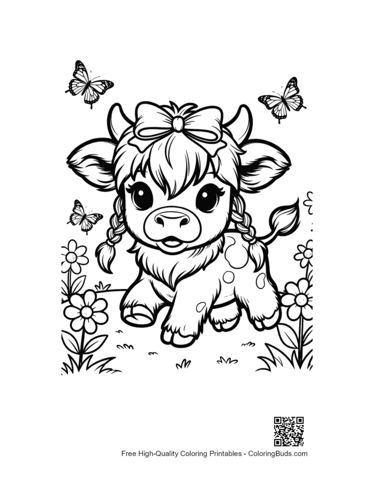 Highland cattle calf printable with flowers and braids