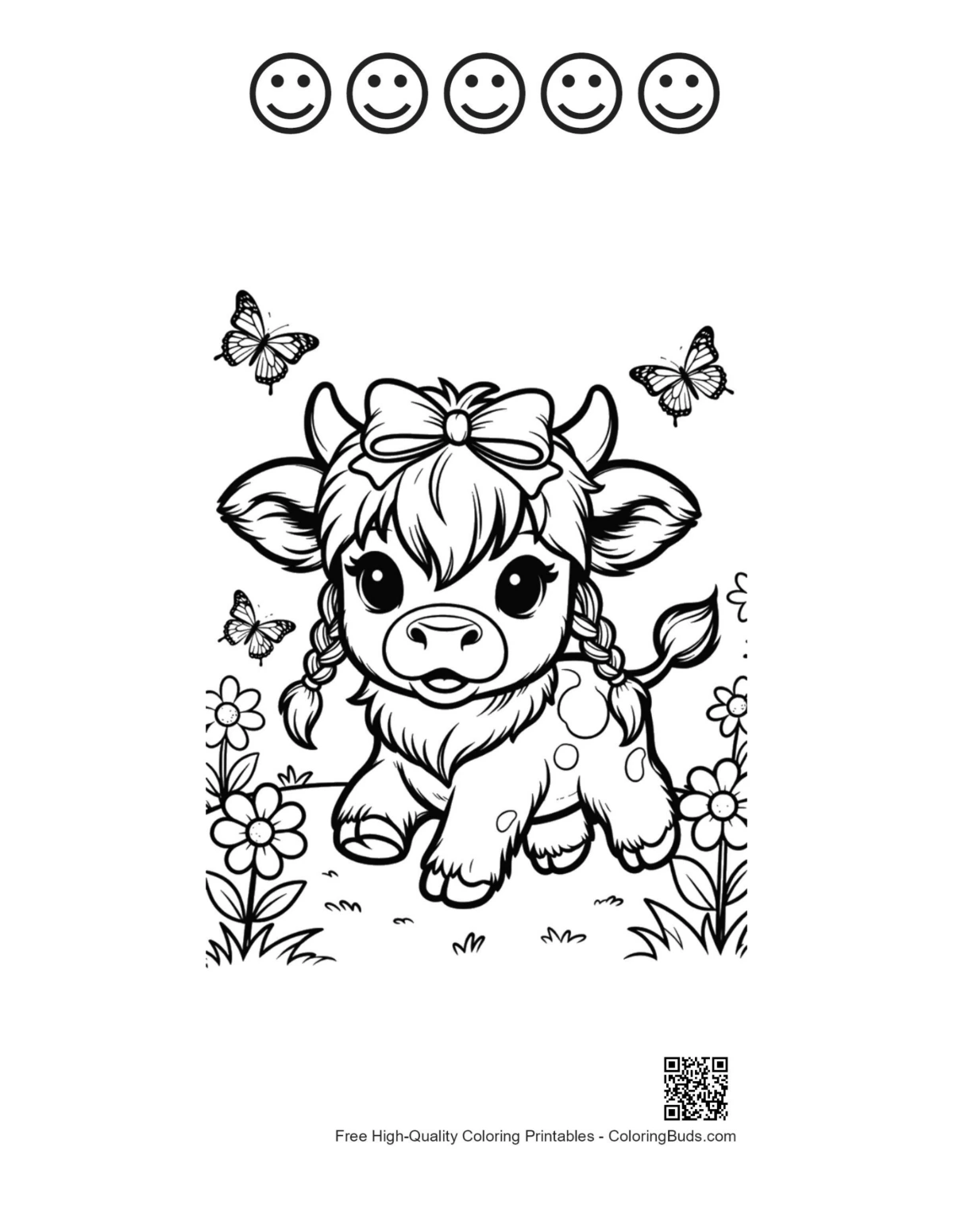 Highland calf with 5 happy faces outline printable