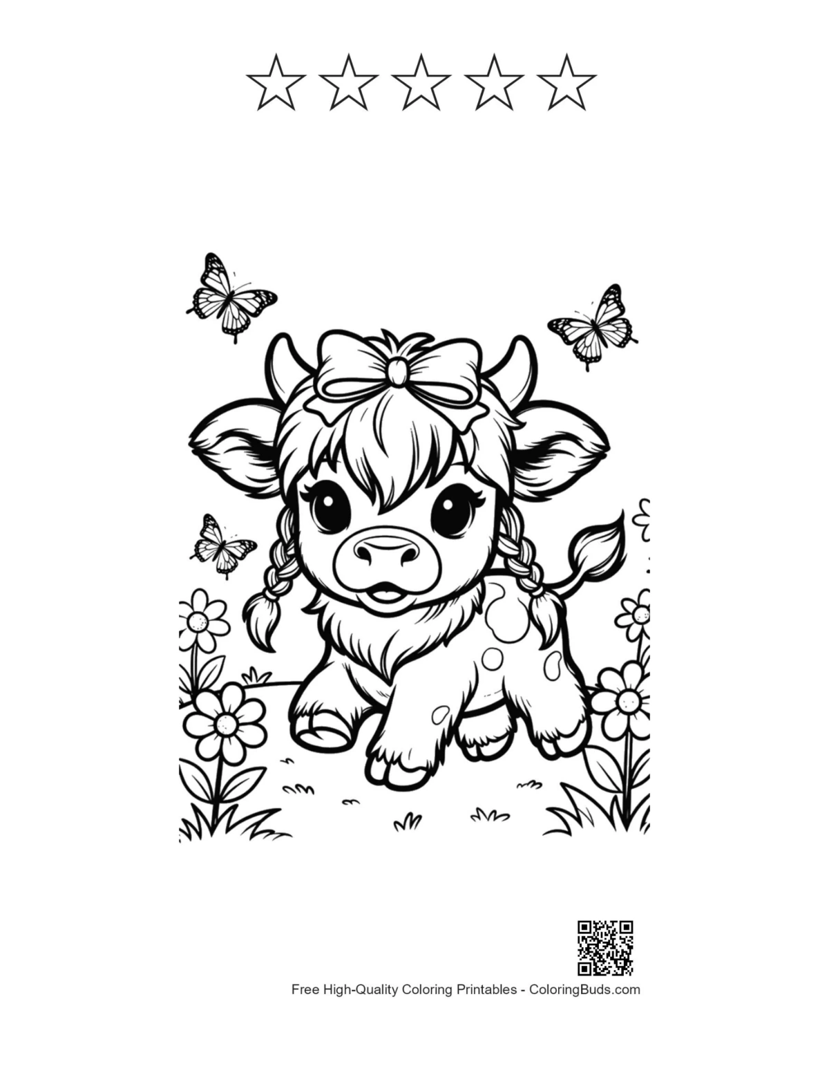 Highland calf printable with 5 star outlines