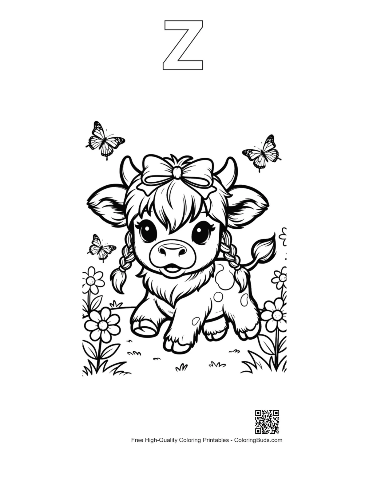 Highland calf coloring with alphabet Z outline