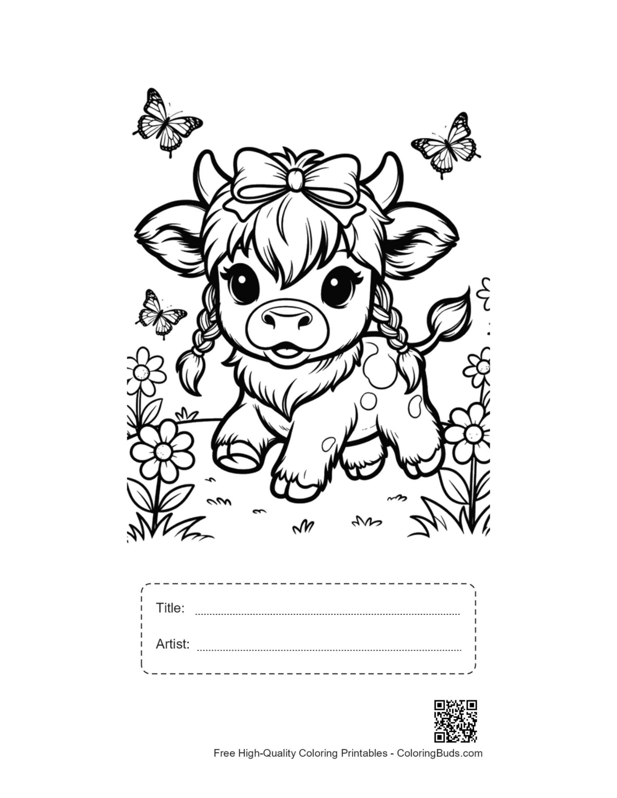 Highland calf printable with title box and flowers