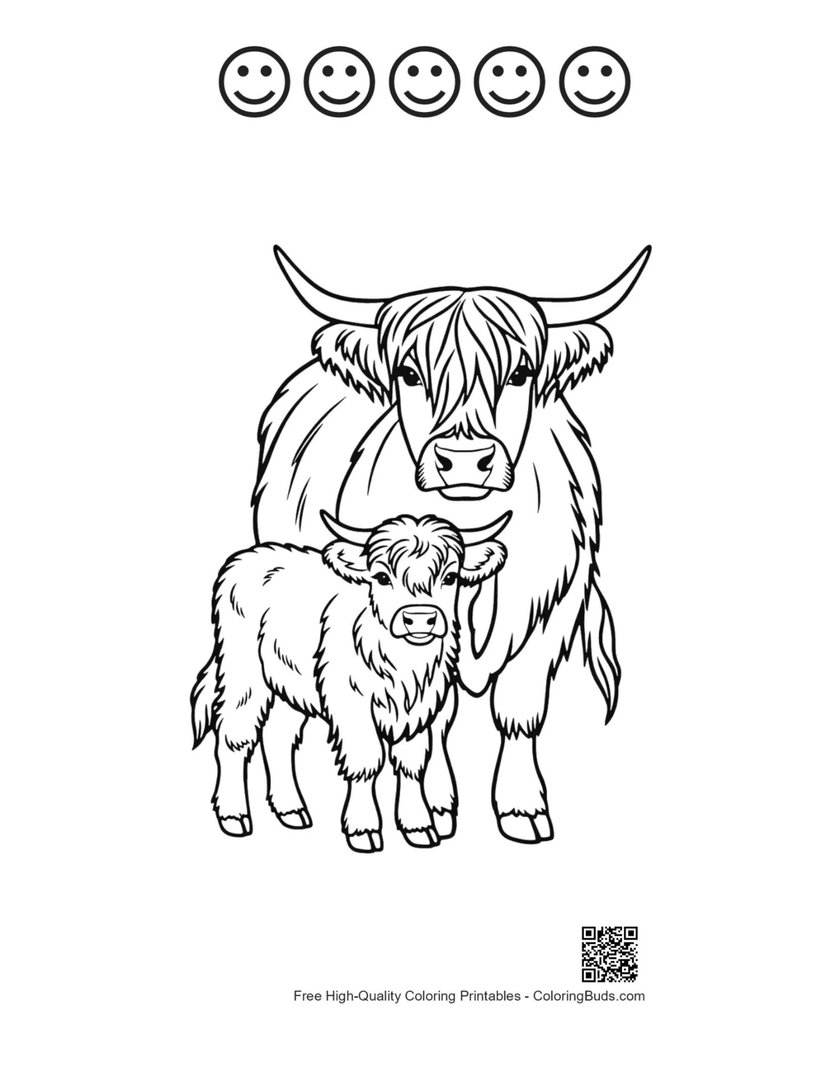 Printable Highland cow with happy faces line art