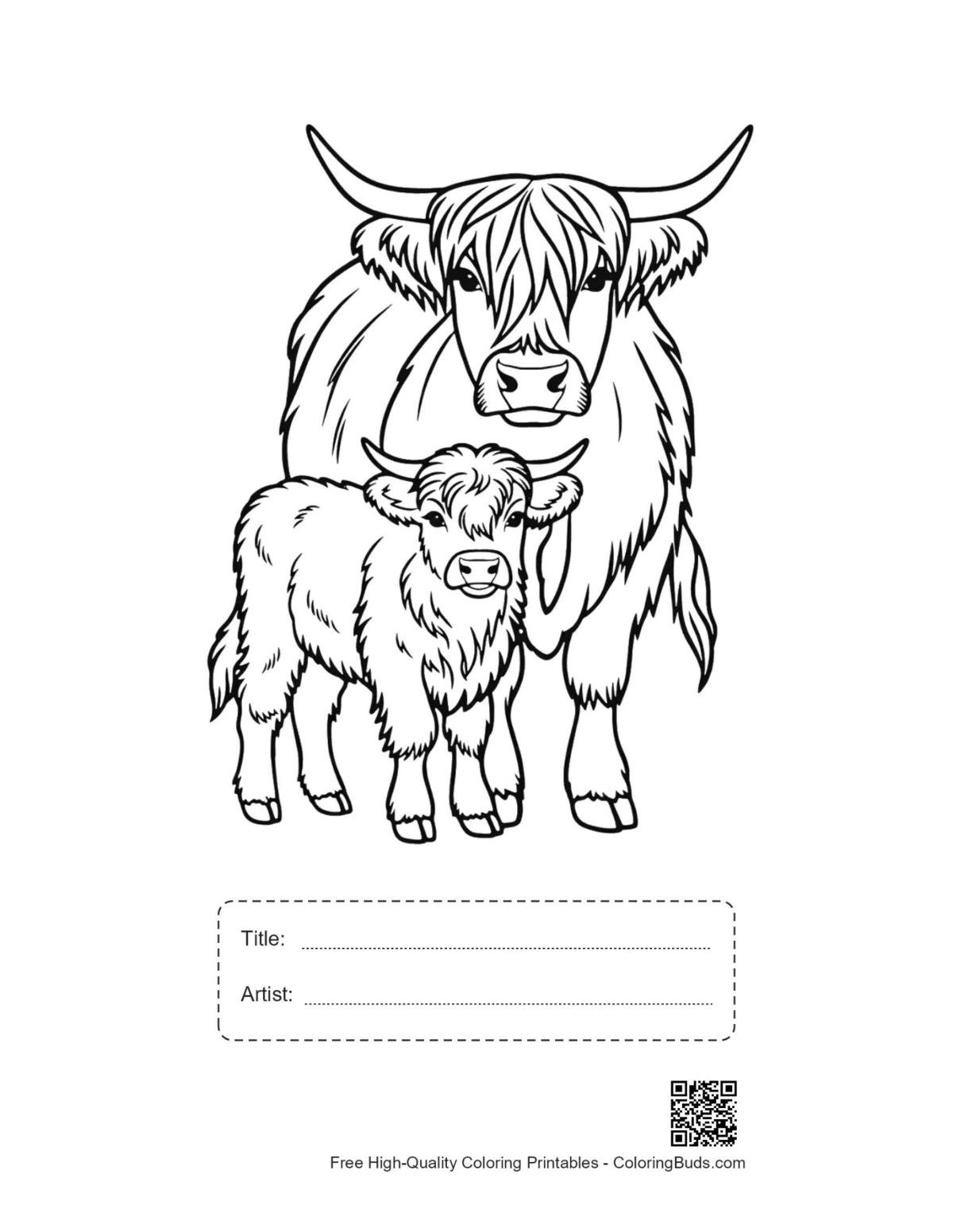 Printable Highland cow calf line art with title box