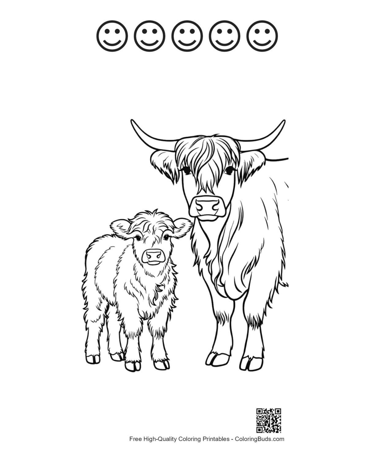 Highland Cow calf outline with 5 happy faces