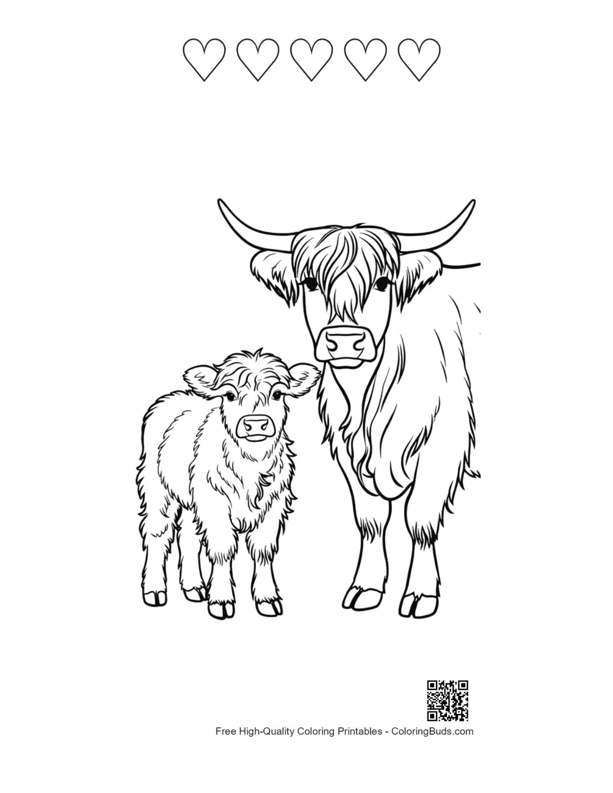Highland Cow calf printable 5 hearts outline