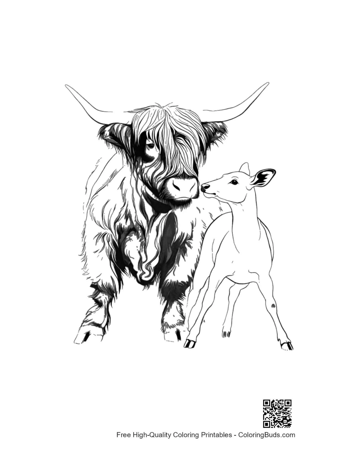 Highland Cow hugging fawn coloring page