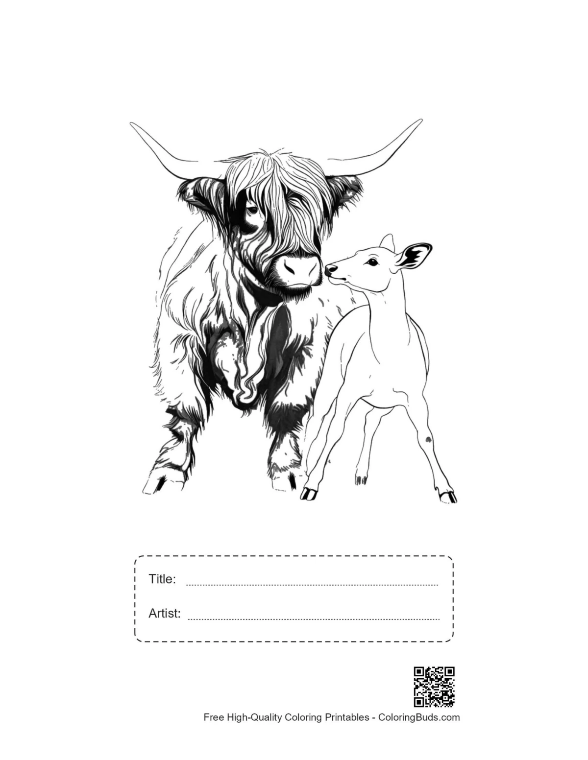 Printable Highland Cow fawn sheet with title box