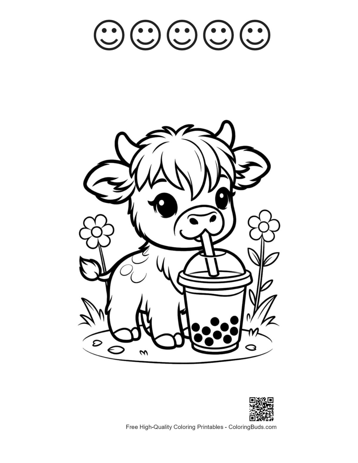 Highland cow and 5 happy faces outline printable sheet