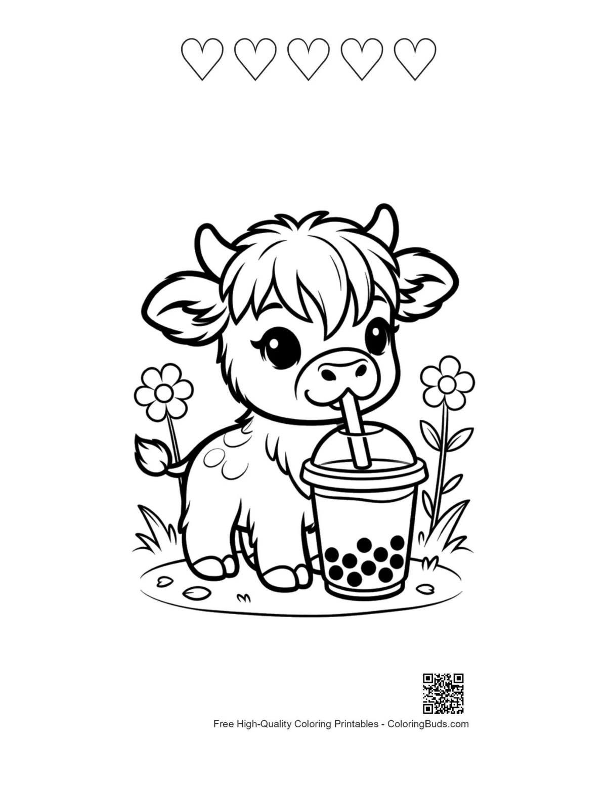 Highland cow with 5 hearts outline coloring sheet