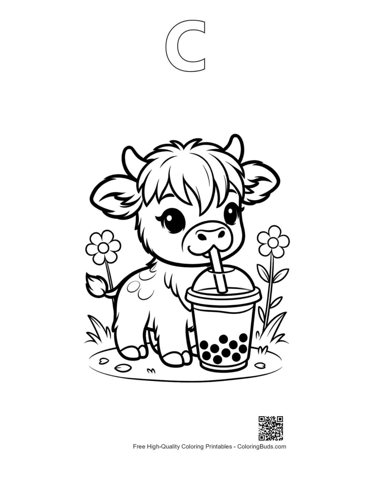 Highland cow outline shaped like alphabet C printable