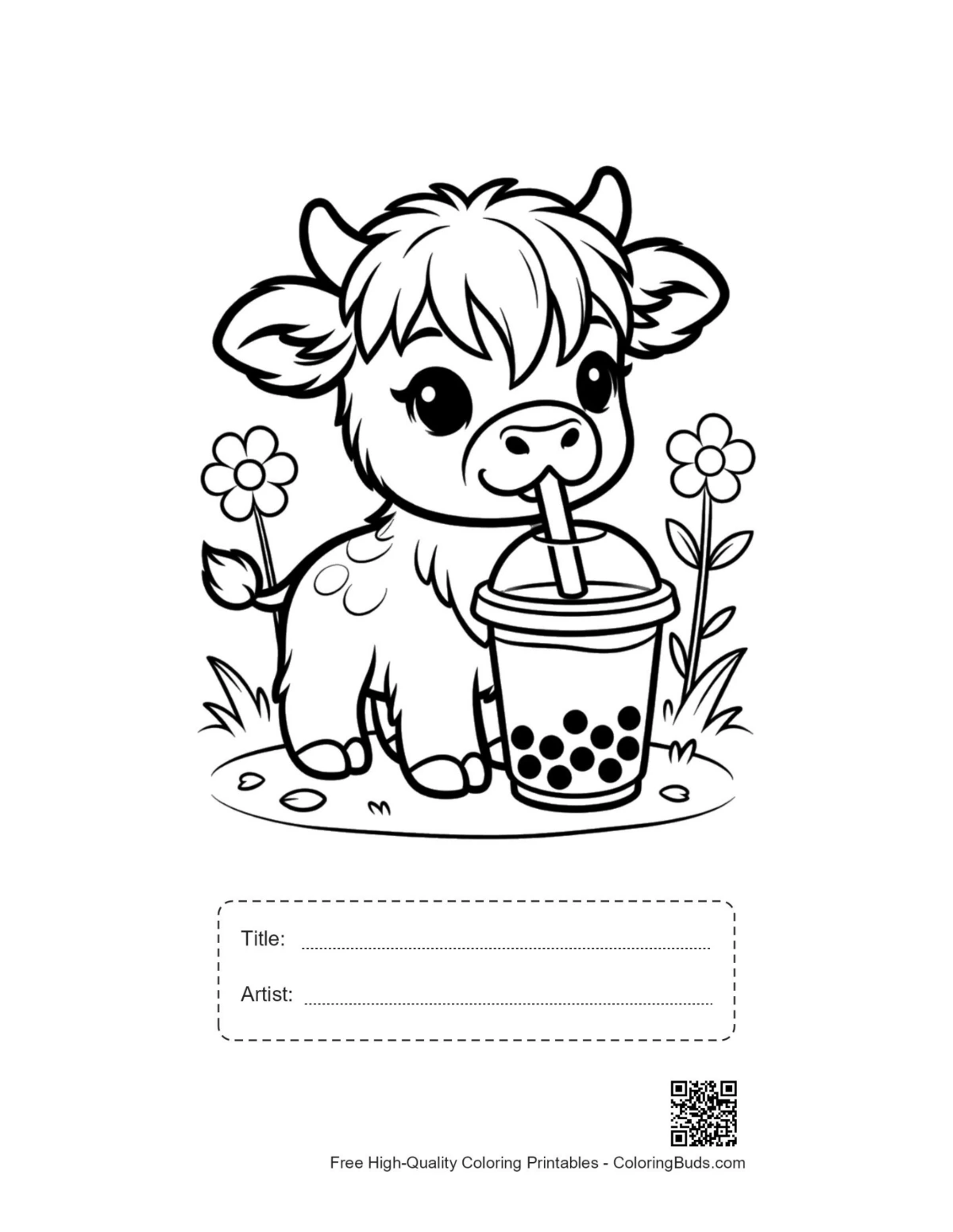 Highland cow printable with title artist box