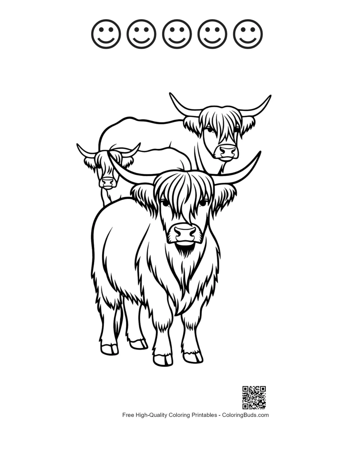 Highland Cow family with happy faces outline