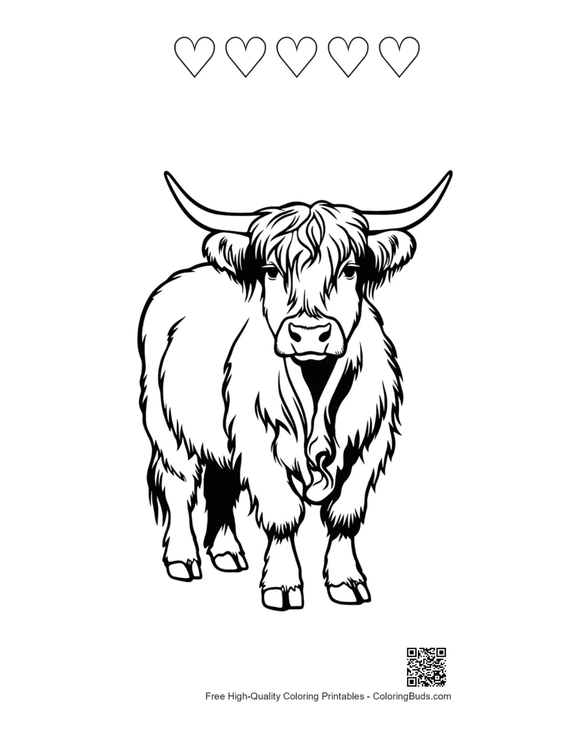 Highland Cow hearts outline printable