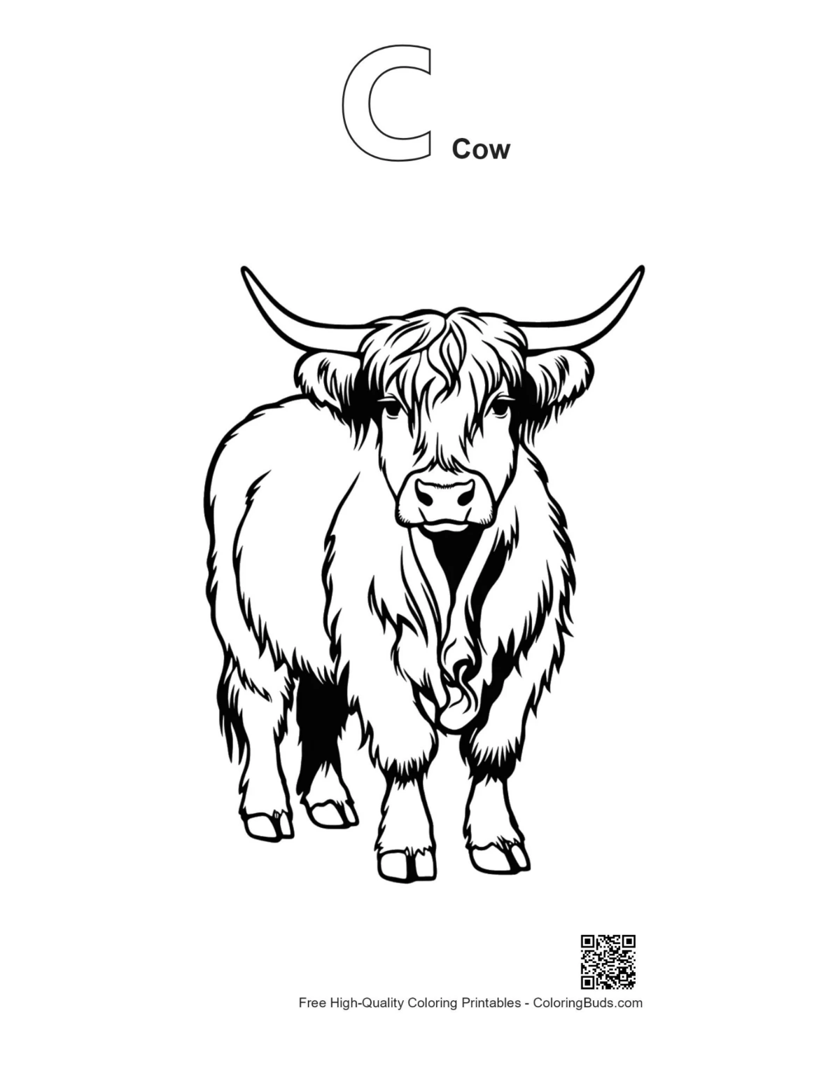 Highland Cow alphabet C outline printable