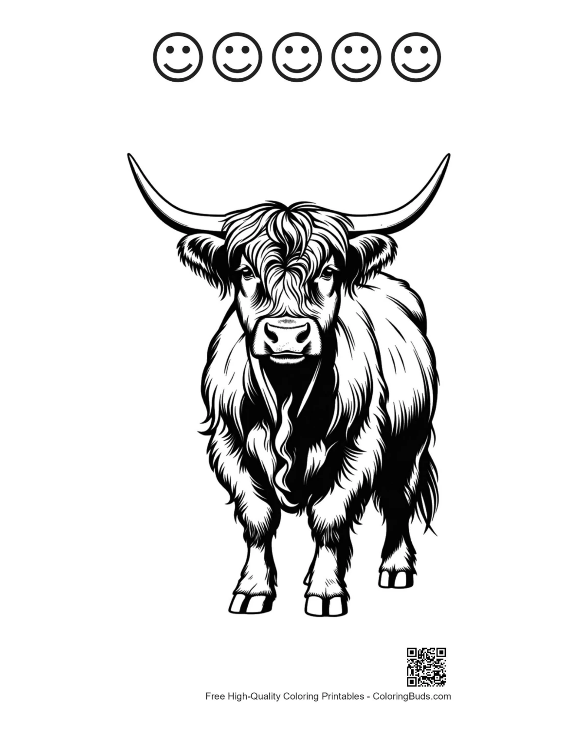 Highland Cow Portrait with happy faces outline