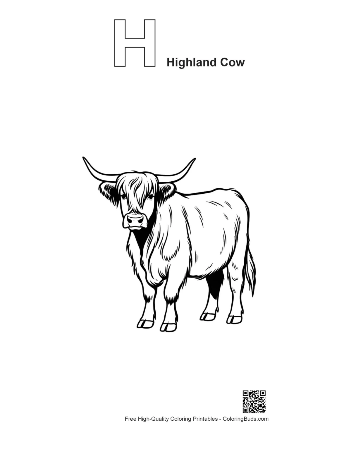 Highland Cow alphabet H outline printable