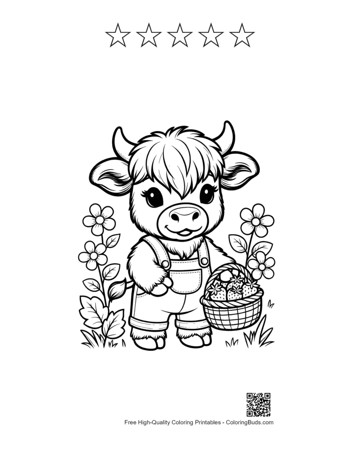 Highland cow printable with 5 star outlines for coloring
