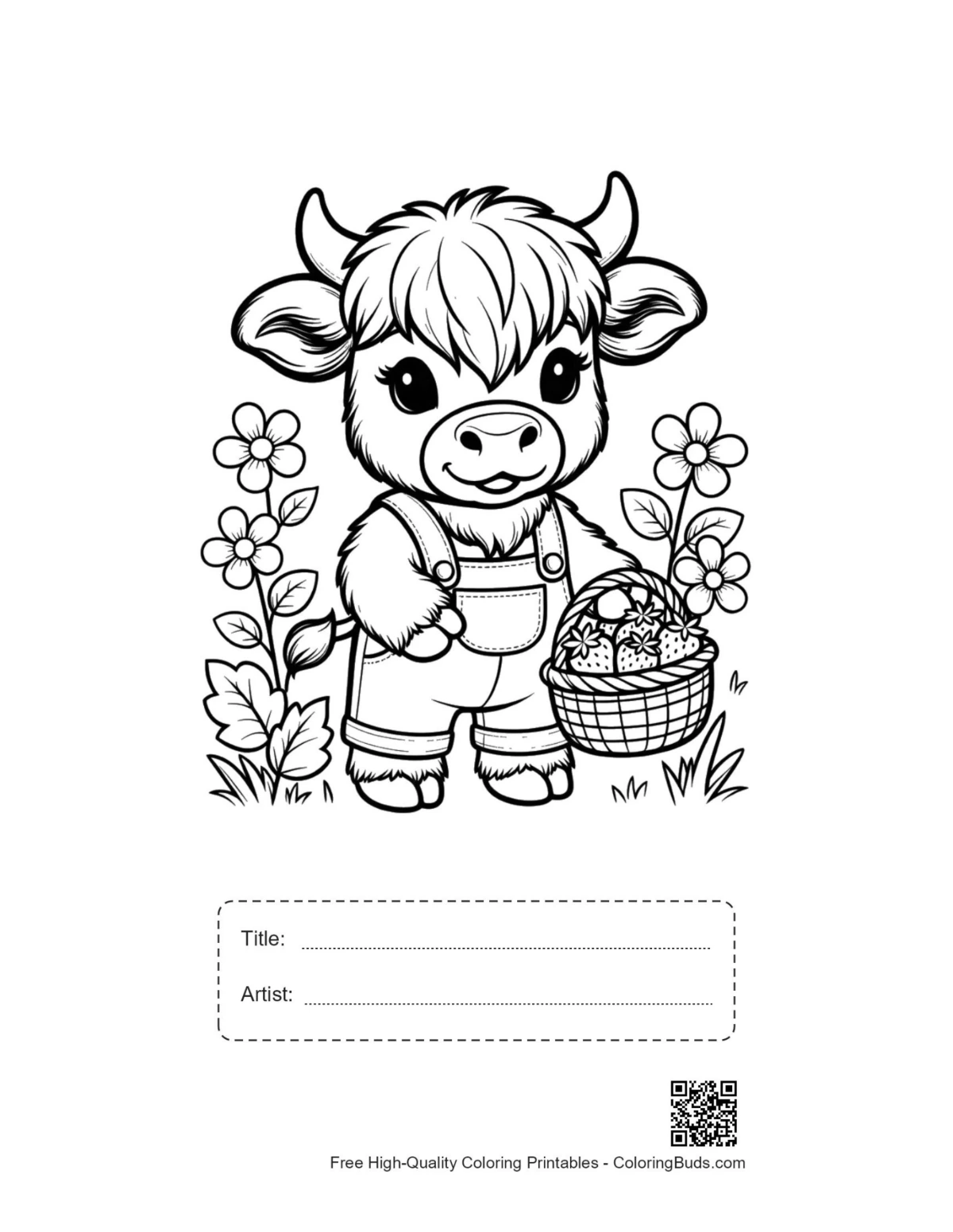 Highland cow printable with title and artist signature box