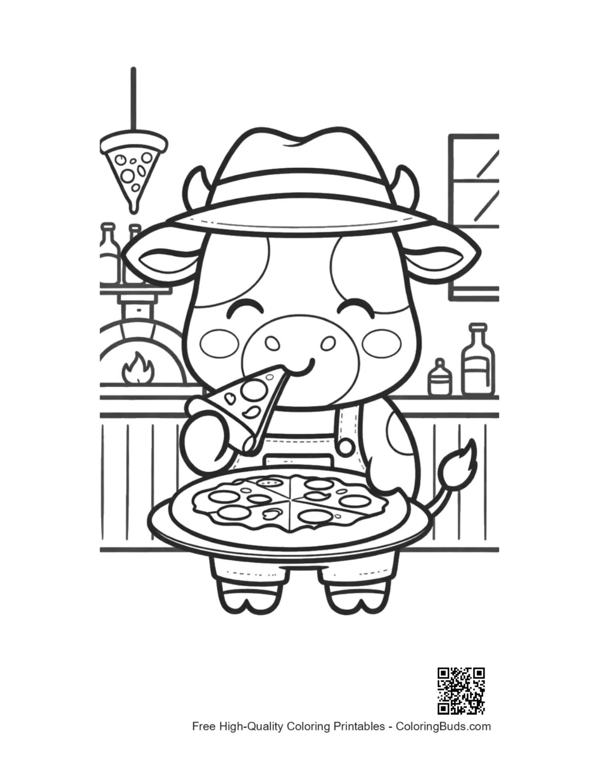 Holstein cow eating pizza kitchen printable coloring page