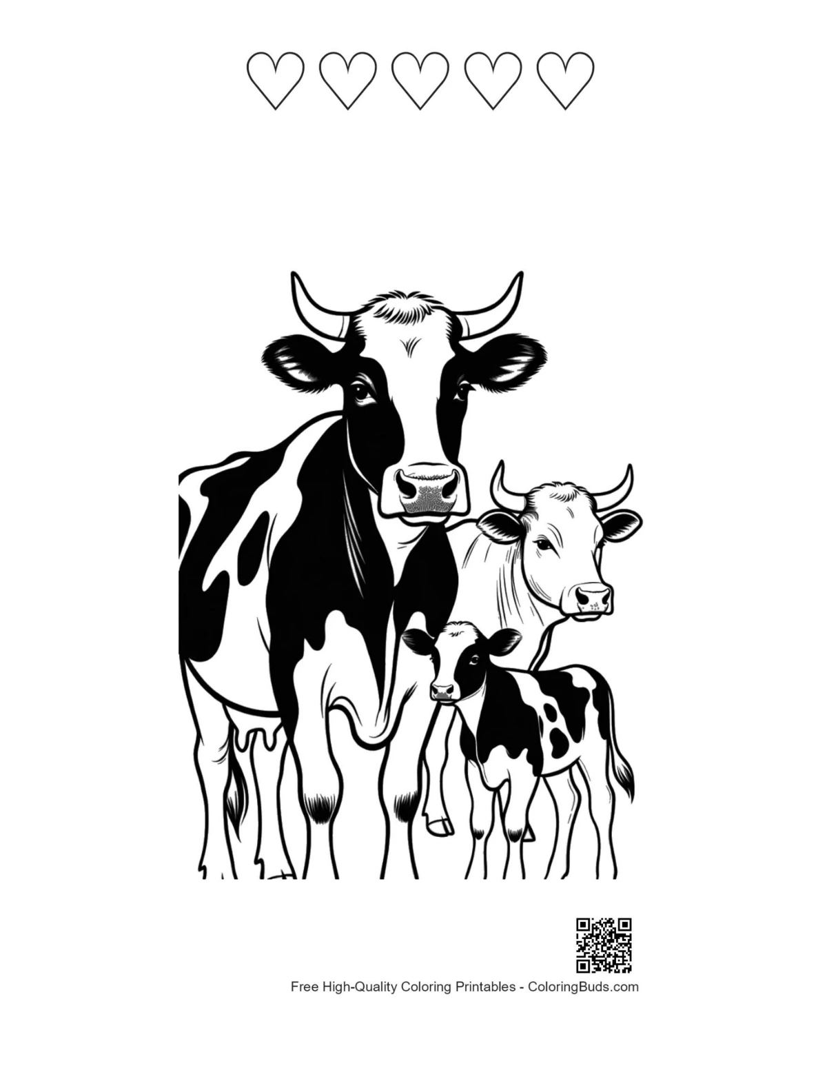 Holstein Cow family hearts coloring sheet