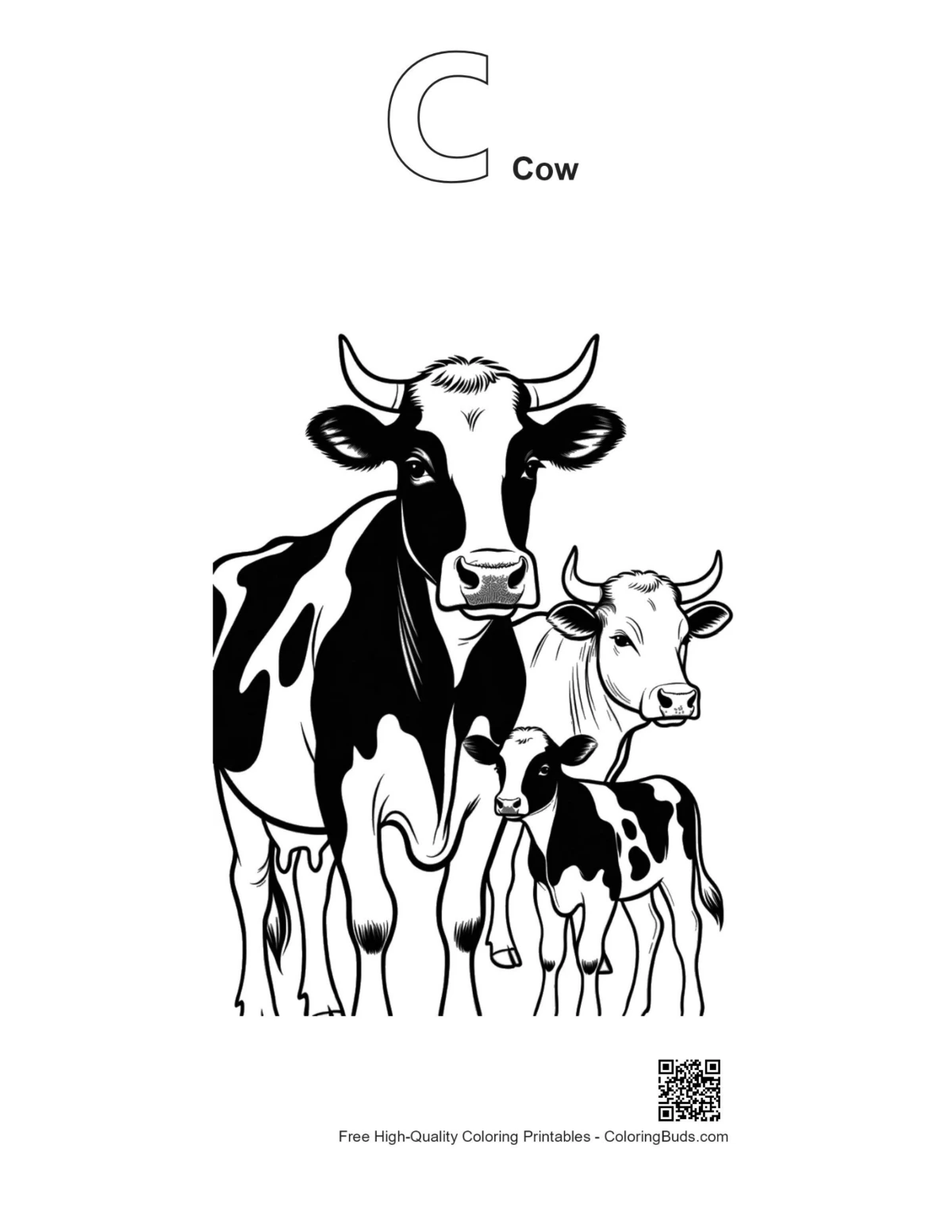 Holstein Cow calves coloring page letter C