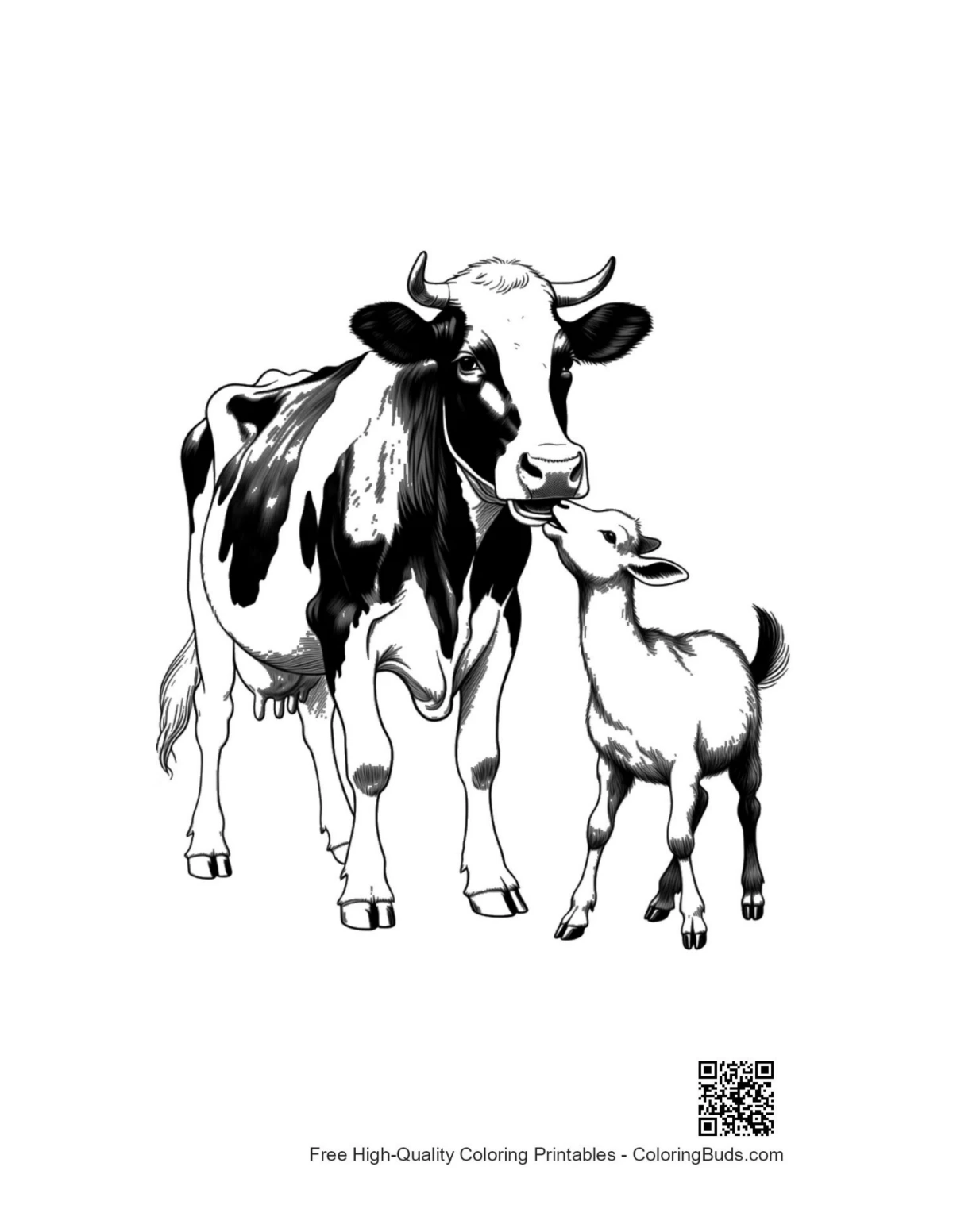 Holstein cow nuzzling baby goat coloring page
