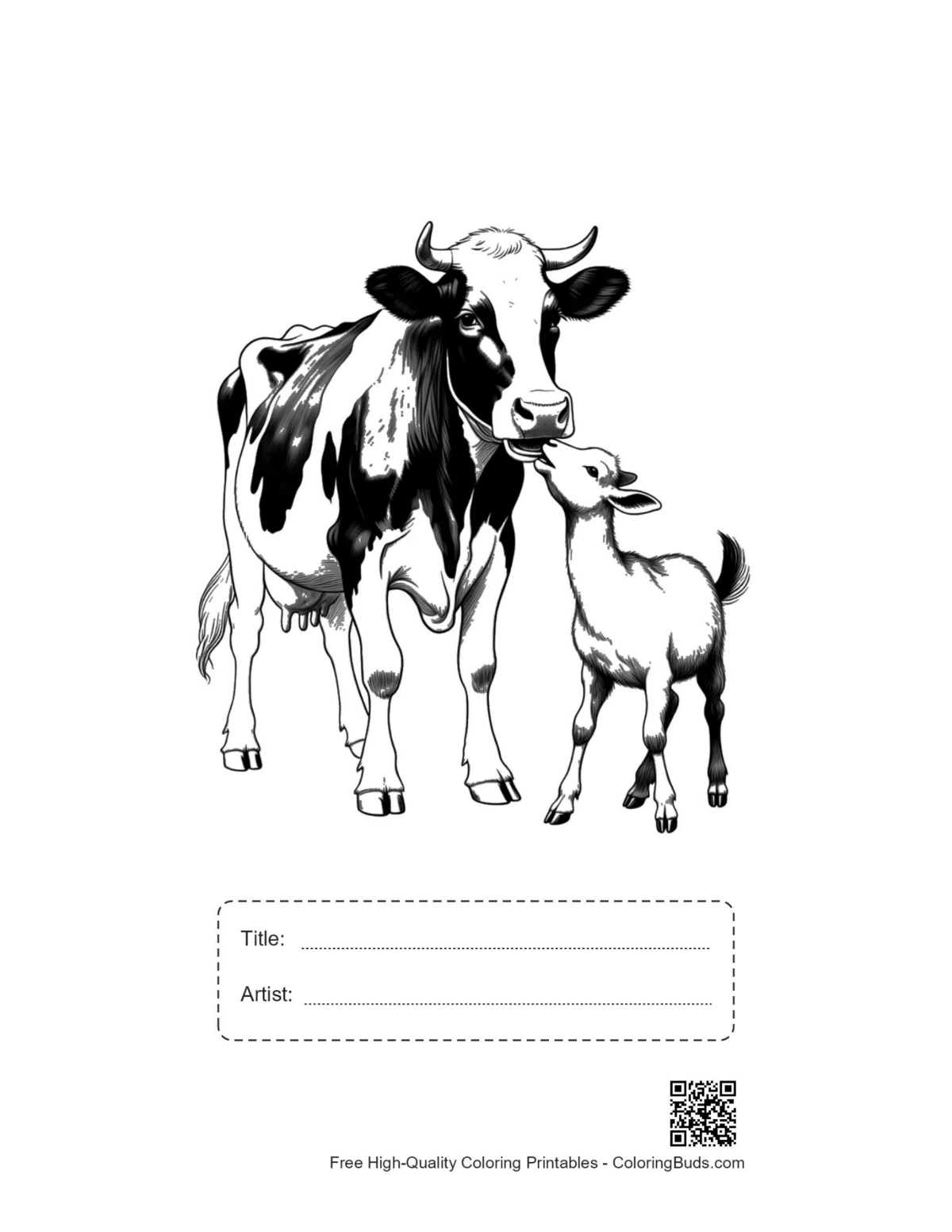 Printable Holstein cow nuzzling goat with title box