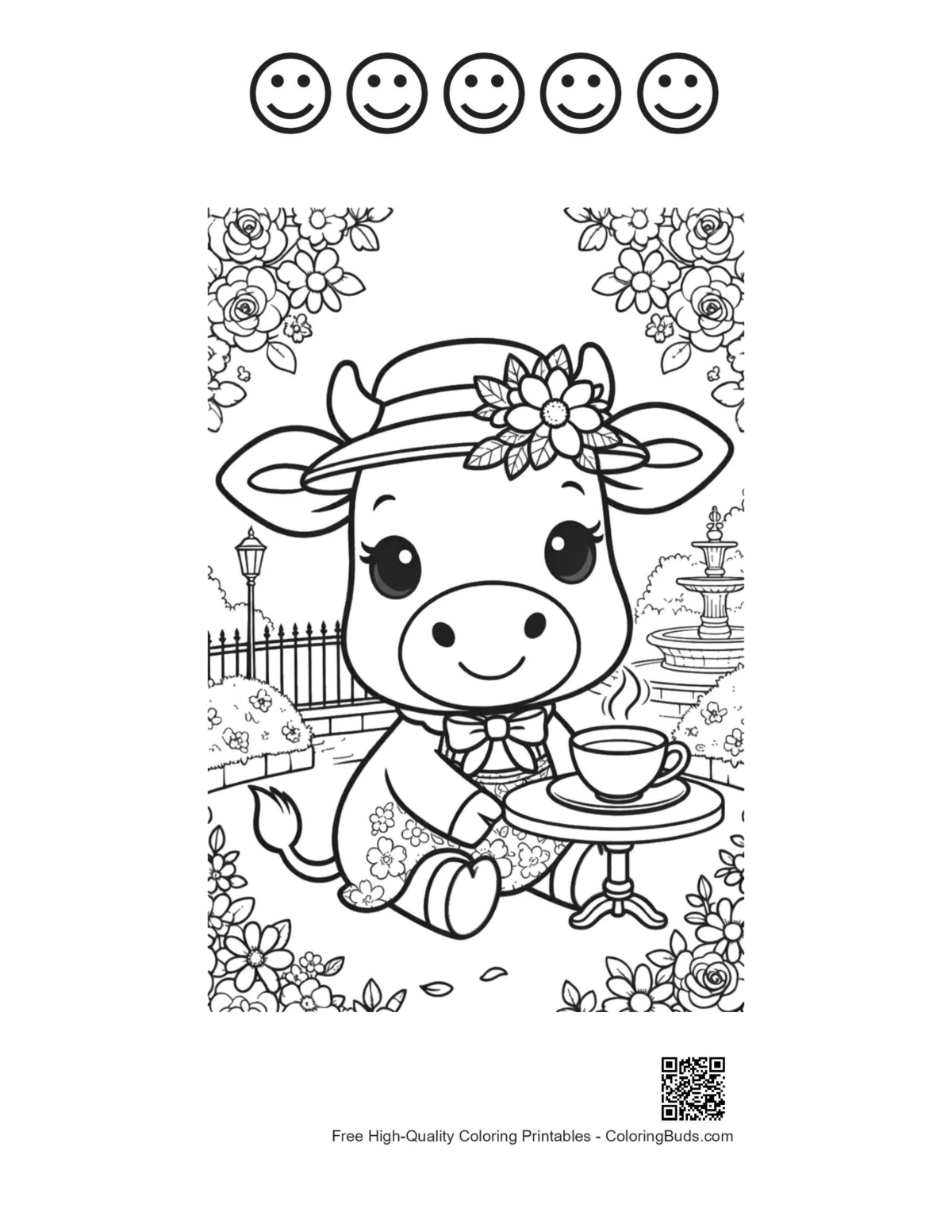Holstein cow tea party happy faces coloring page