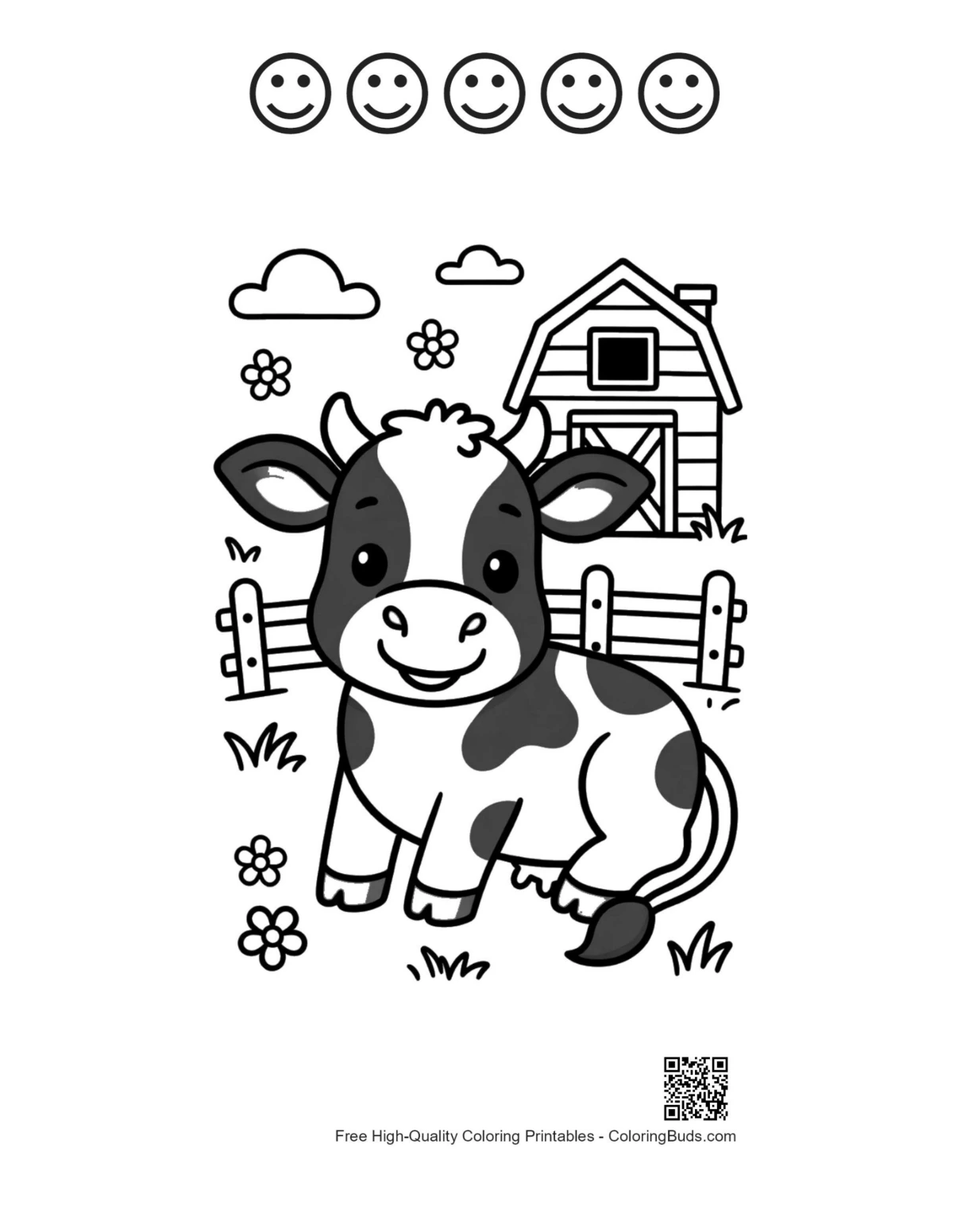 Baby cow barn 5 happy faces outline printable