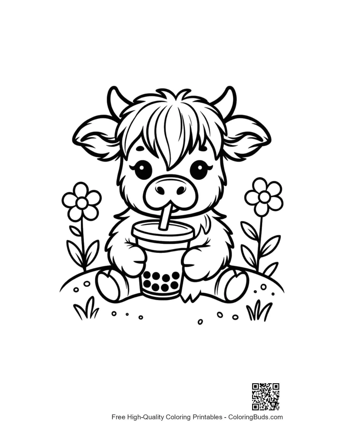 Cute baby Highland cow boba drink coloring printable
