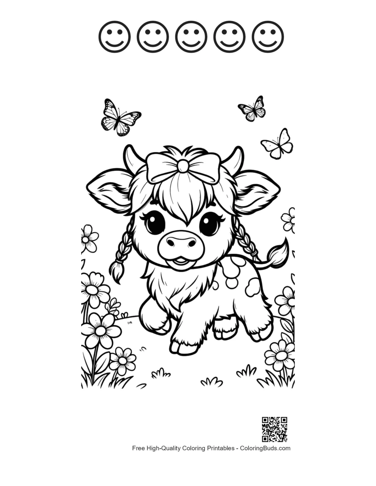 Baby cow flowers 5 happy faces outline printable