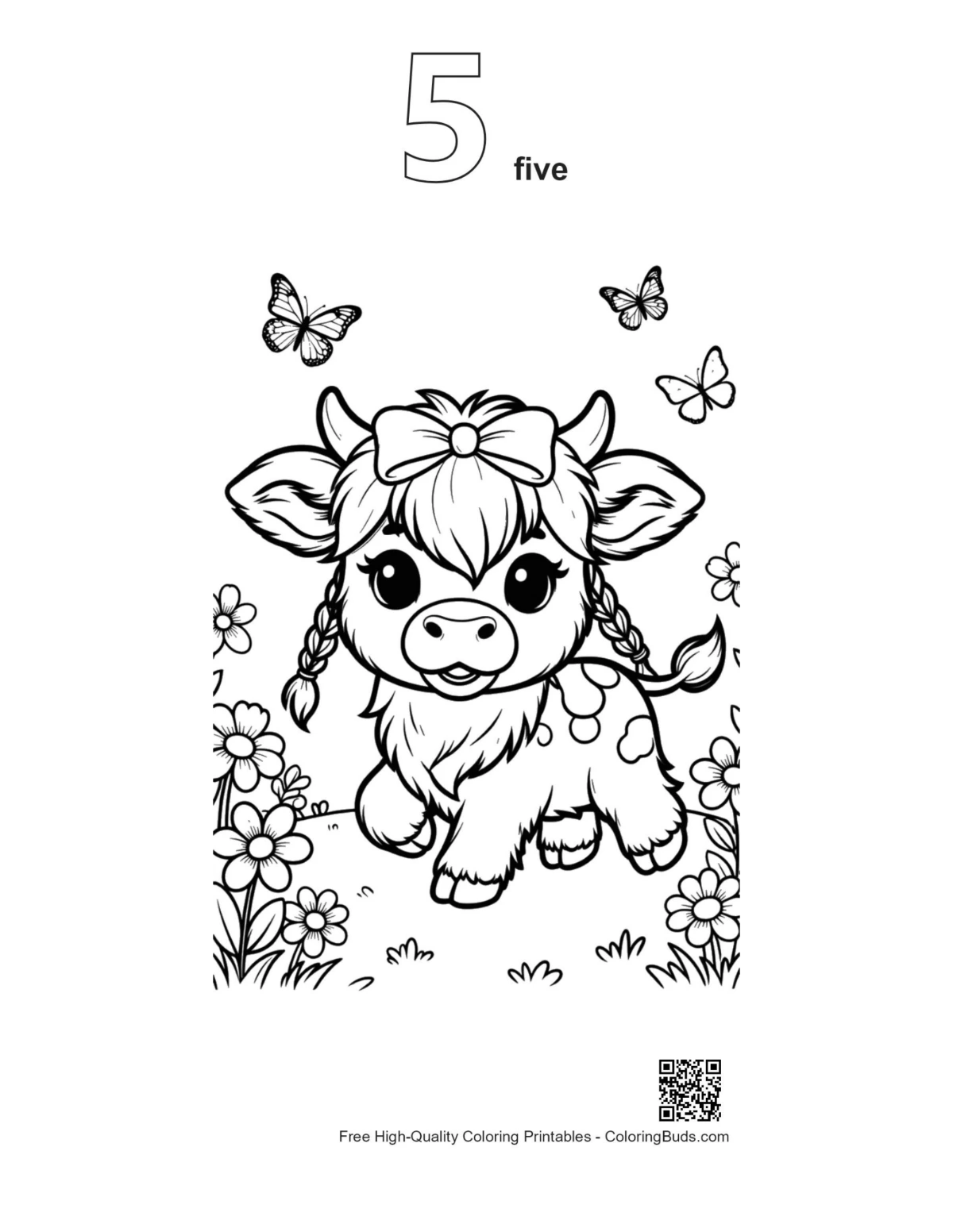 Highland cow flowers outline numbered 5 printable