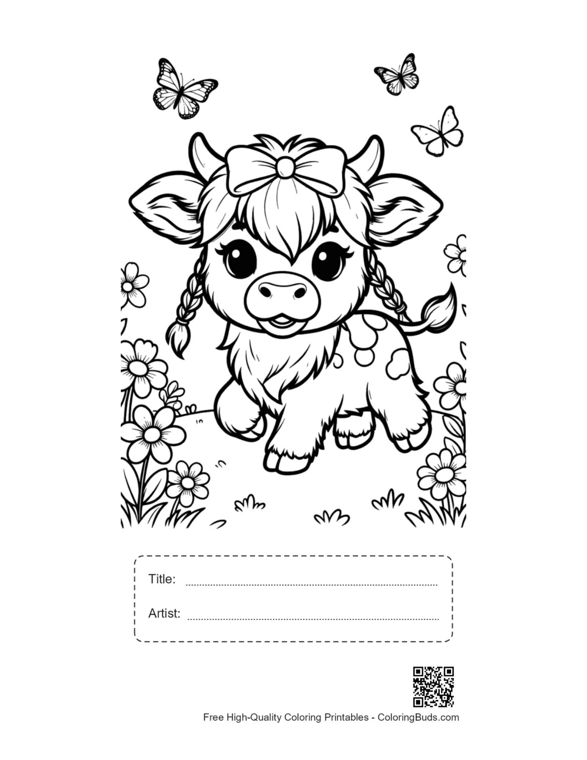 Baby Highland cow printable with title artist box