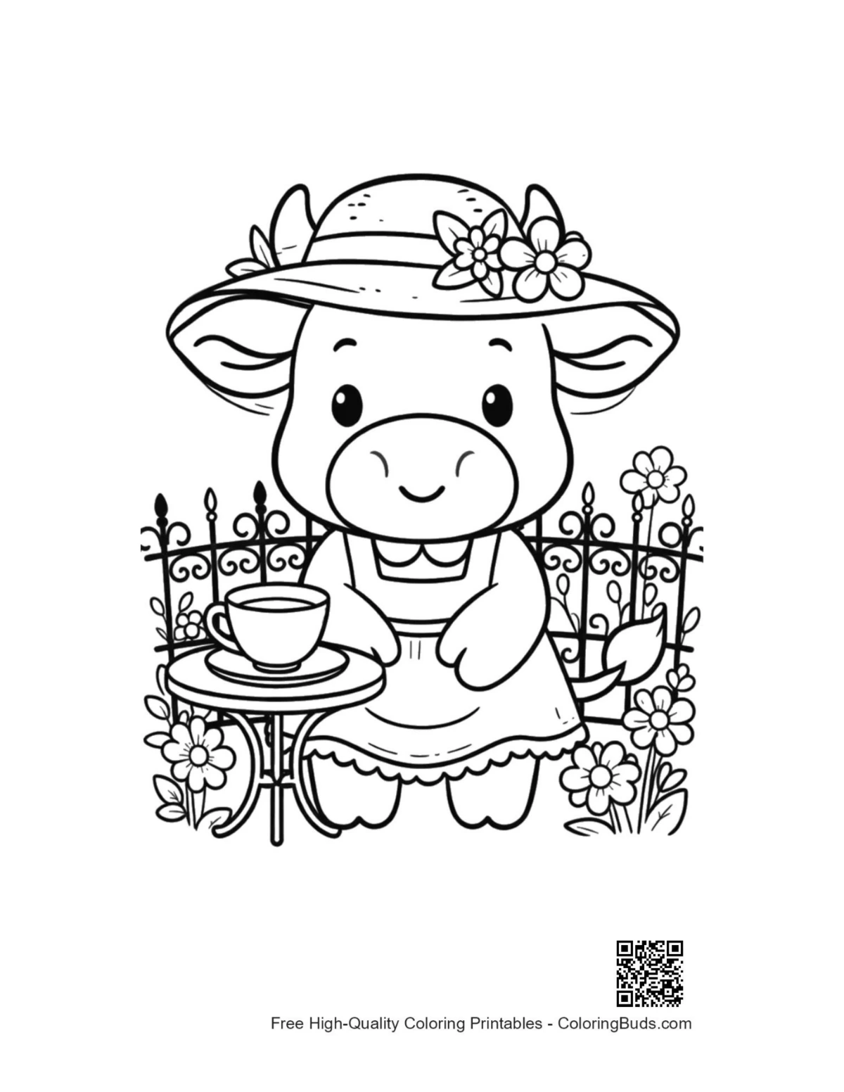 Holstein cow in dress sipping tea garden printable