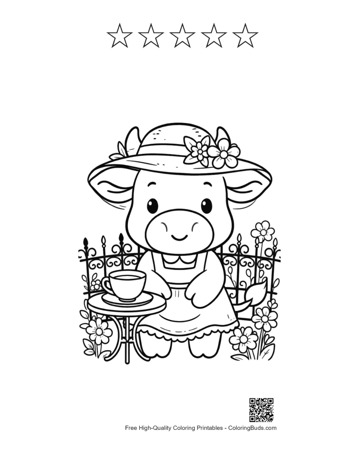 Printable cow tea garden with 5 star outlines